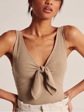 Abercrombie & Fitch crop Ribbed Tie-Front Tank in Taupe